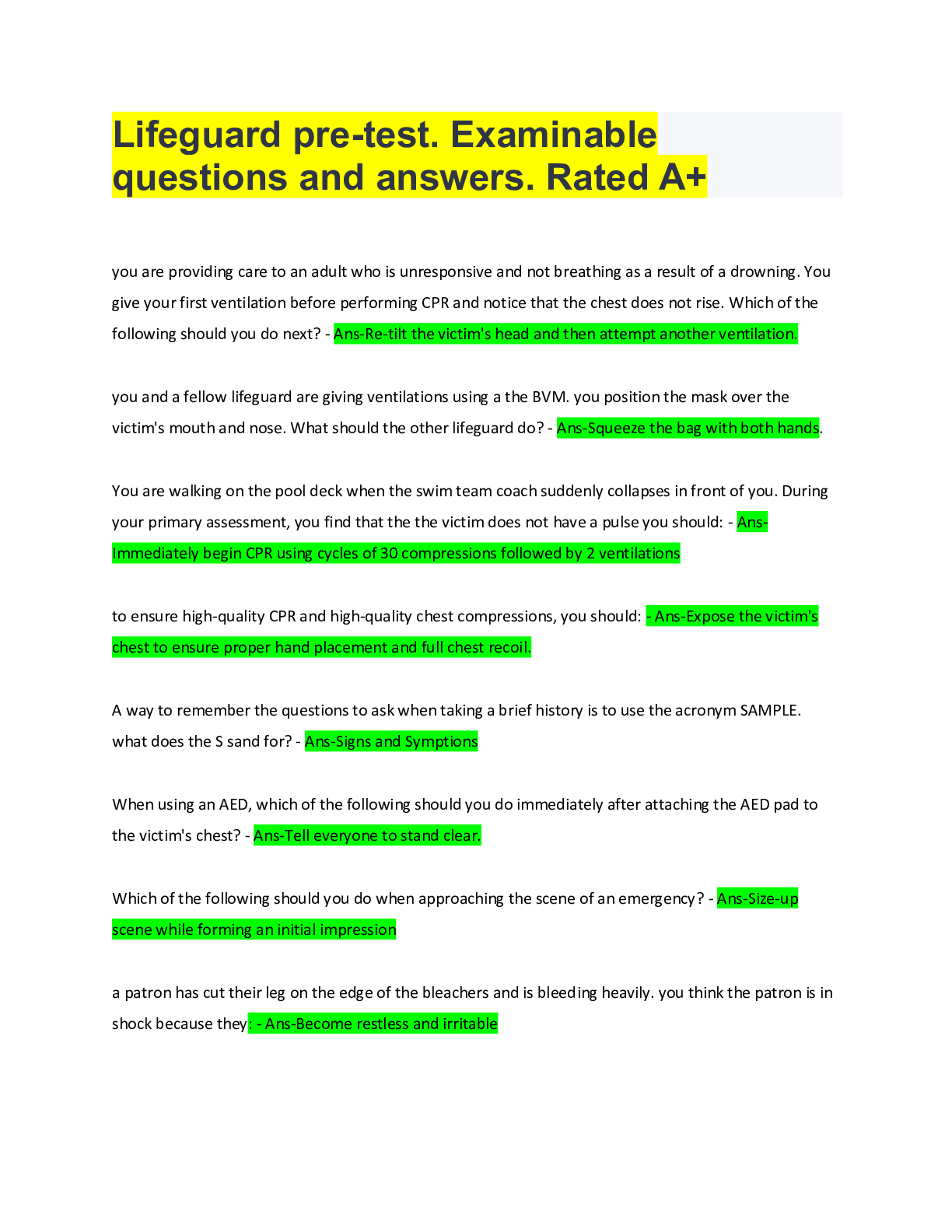 Preview image of Lifeguard pre-test. Examinable questions and answers. Rated A+ document